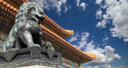 Bronze Guardian Lion Statue in the Forbidden City, Beijing, Chinaの写真素材