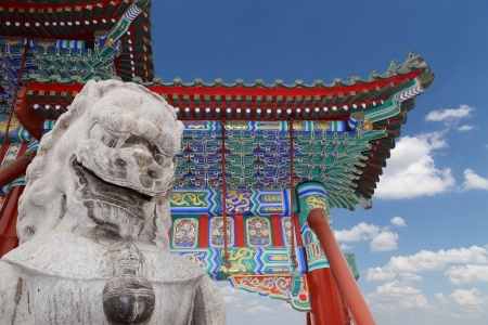 Stone Guardian Lion Statue in Beihai Park -- is an imperial garden to the northwest of the Forbidden City in Beijing, Chinaの写真素材