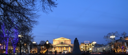 Bolshoi Theatre (Large, Great or Grand Theatre, also spelled Bolshoy)  at night, lighted during christmas. Moscow, Russiaのeditorial素材