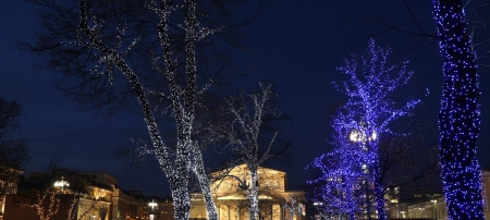 Bolshoi Theatre (Large, Great or Grand Theatre, also spelled Bolshoy)  at night, lighted during christmas. Moscow, Russiaのeditorial素材