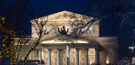 Bolshoi Theatre (Large, Great or Grand Theatre, also spelled Bolshoy)  at night, lighted during christmas. Moscow, Russiaのeditorial素材