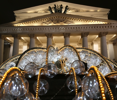 electric fountain at night, lighted during christmas near the Bolshoi Theatre (Large, Great or Grand Theatre, also spelled Bolshoy), Moscow, Russiaのeditorial素材