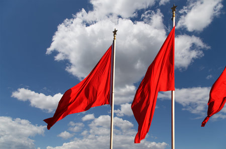 Red flags on the Tiananmen Square -- is a large city square in the center of Beijing, China