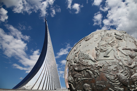 Conquerors of Space Monument in the park outdoors of Cosmonautics museum, near VDNK exhibition center, and Celestial globes, Moscow, Russiaのeditorial素材