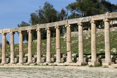 Forum (Oval Plaza)  in Gerasa (Jerash), Jordan.  Forum is an asymmetric plaza at the beginning of...