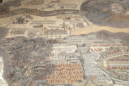 ancient byzantine map of Holy Land on floor of Madaba St George Basilica, Jordan, Middle Eastのeditorial素材
