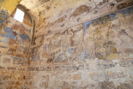 Fresco at Quseir (Qasr) Amra desert castle near Amman, Jordan. World heritage with famous fresco's. Built in 8th century by the Umayyad caliph Walid II, the castle is one of the most important examples of early Islamic art and architectureのeditorial素材