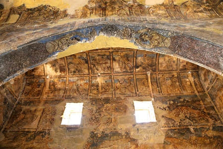 Fresco at Quseir (Qasr) Amra desert castle near Amman, Jordan. World heritage with famous fresco's. Built in 8th century by the Umayyad caliph Walid II, the castle is one of the most important examples of early Islamic art and architectureのeditorial素材