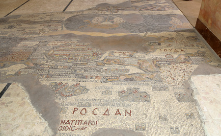 ancient byzantine map of Holy Land on floor of Madaba St George Basilica, Jordan, Middle Eastのeditorial素材