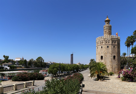 Torre del Oro or Golden Tower (13th century), a medieval Arabic military dodecagonal watchtower in Seville, Andalusia, southern Spain の写真素材