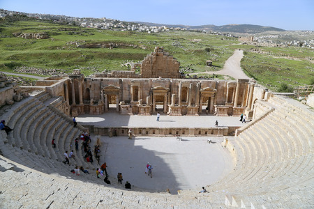 Amphitheater in Jerash (Gerasa of Antiquity), capital and largest city of Jerash Governorate, Jordanの写真素材