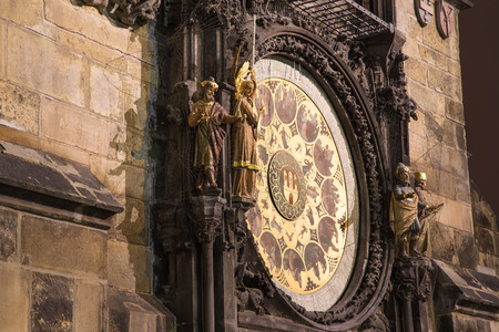 Night view of the medieval astronomical clock in the Old Town square in Prague, Czech republic