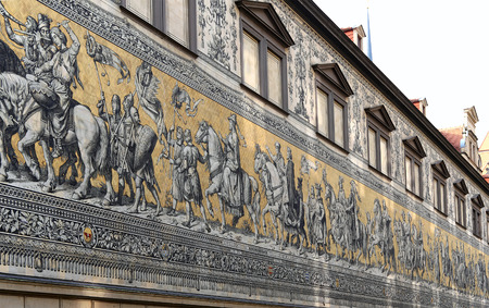 Furstenzug (Procession of Princes, 1871-1876, 102 meter, 93 people) is a giant mural decorates the wall. Dresden, Germany. It depicts to celebrate the 800 year anniversary of the Wettin Dynastyのeditorial素材
