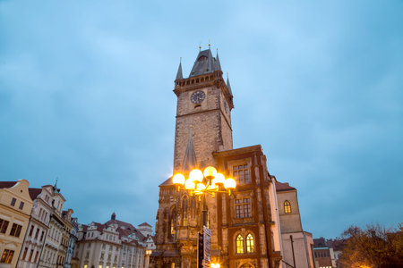 Town City Hall in Prague (Night view), view from Old Town Square, Czech Republicのeditorial素材