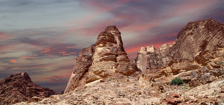 Mountains of Wadi Rum Desert also known as The Valley of the Moon is a valley cut into the sandstone...