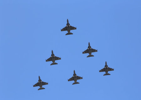 Russian military aircrafts fly in formation over Moscow during Victory Day parade, Russia....
