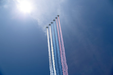 Russian military aircrafts fly in formation over Moscow during Victory Day parade, Russia....