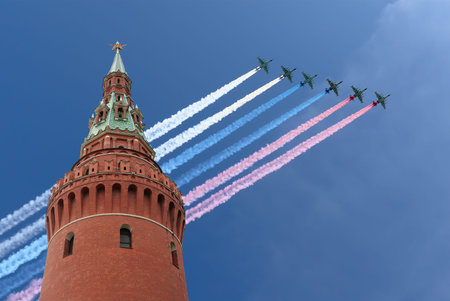 Russian military aircrafts fly in formation over Moscow during Victory Day parade, Russia....