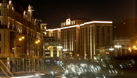 Traffic of cars in Moscow city center (Teatralny Proezd near the Building of The State Duma of the Federal Assembly of Russian Federation), Russiaの写真素材