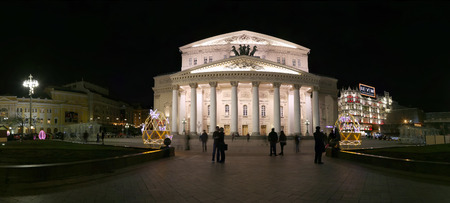 Panoramic view of the Theatre Square and Bolshoi Theatre (Large, Great or Grand Theatre, also spelled Bolshoy) at night, Moscow, Russiaのeditorial素材