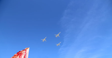 Russian military aircrafts fly in formation over Moscow during Victory Day parade, Russia....