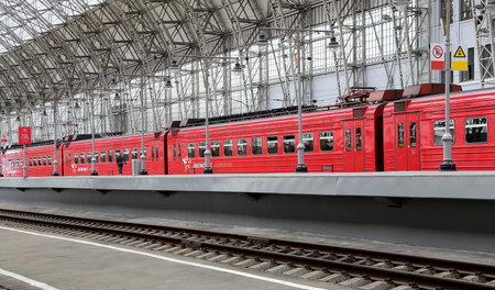 Aeroexpress red Train on Kiyevskaya railway station  (Kiyevsky railway terminal,  Kievskiy vokzal)...