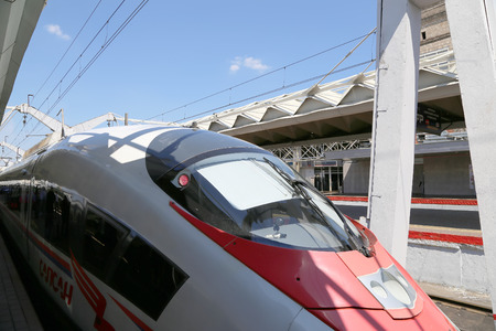 Aeroexpress Train Sapsan at the Leningrad station. Moscow, Russia -- high-speed train acquired OAO "Russian Railways" for use on the Russian high-speed railwaysのeditorial素材