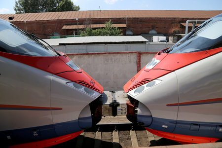 Aeroexpress Train Sapsan at the Leningrad station. Moscow, Russia -- high-speed train acquired OAO...
