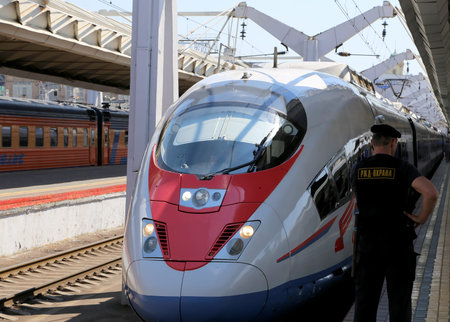 Aeroexpress Train Sapsan at the Leningrad station. Moscow, Russia -- high-speed train acquired OAO...