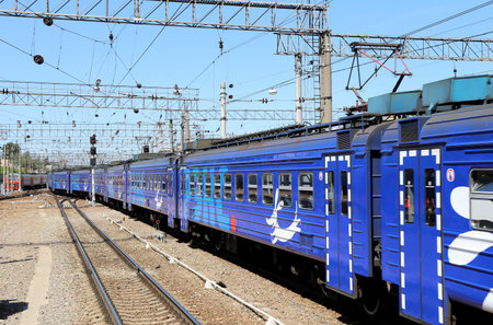Train on Moscow passenger platform (Yaroslavsky railway station), Russia-- is one of nine main...