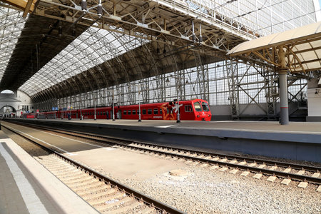 Aeroexpress red Train on Kiyevskaya railway station  (Kiyevsky railway terminal,  Kievskiy vokzal)...