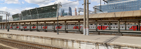 Train on Kiyevskaya railway station  (Kiyevsky railway terminal,  Kievskiy vokzal) -- is one of the nine main railway stations of Moscow, Russiaのeditorial素材