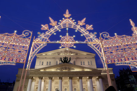 Bolshoi Theatre (Large, Great or Grand Theatre, also spelled Bolshoy)  illuminated to Christmas and...