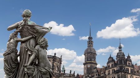 Sculpture on the Bruhl Terrace and  Hofkirche or Cathedral of Holy Trinity - baroque church in Dresden, Sachsen, Germanyの写真素材