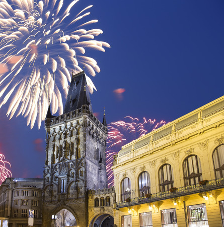 Powder tower (gate) at evening and holiday fireworks in Prague, Czech Republic.  It is one of the symbols of Prague leading into the Old Townのeditorial素材