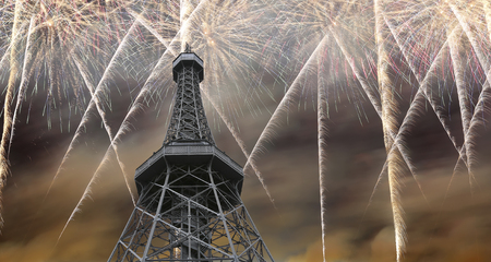 Lookout tower and church of St.Lawrence on the Petrin Hill and holiday fireworks, Prague, Czech Republicのeditorial素材