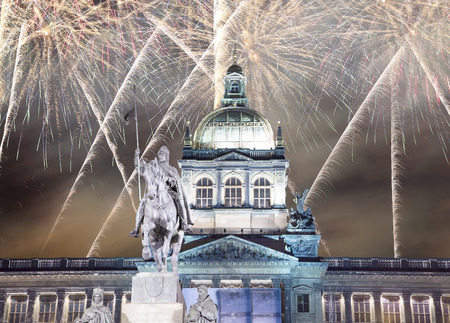 Night view of Wenceslas Square and holiday fireworks in the New Town of Prague, Czech Republicのeditorial素材