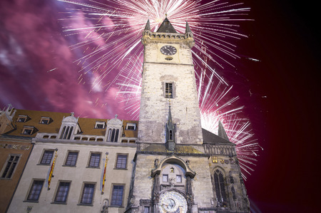 Old Town City Hall in Prague (Night view) and holiday fireworks, view from Old Town Square, Czech Republicのeditorial素材