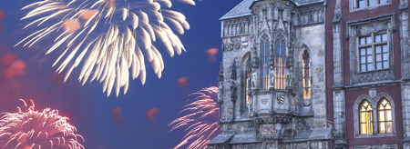 Old Town City Hall in Prague (Night view) and holiday fireworks, view from Old Town Square, Czech Republicのeditorial素材