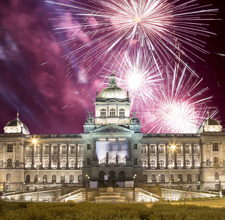 Night view of Wenceslas Square and holiday fireworks in the New Town of Prague, Czech Republicのeditorial素材