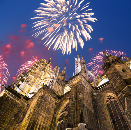 St. Vitus Cathedral (Roman Catholic cathedral ) and holiday fireworks, Prague, Czech Republicの写真素材