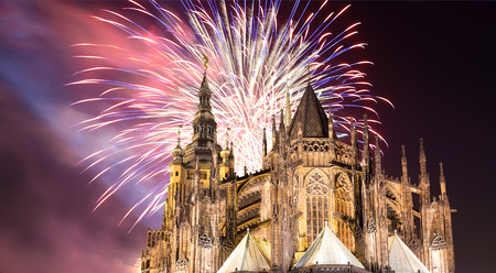 St. Vitus Cathedral (Roman Catholic cathedral ) and holiday fireworks, Prague, Czech Republicの写真素材