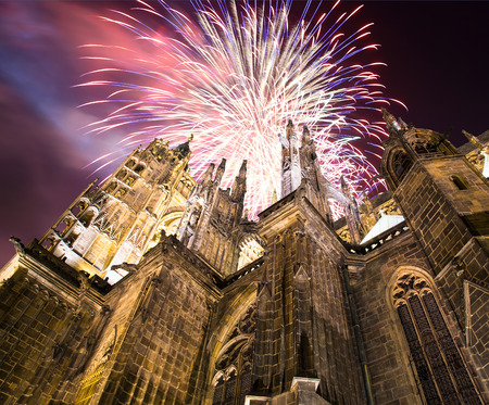 St. Vitus Cathedral (Roman Catholic cathedral ) and holiday fireworks, Prague, Czech Republicの写真素材