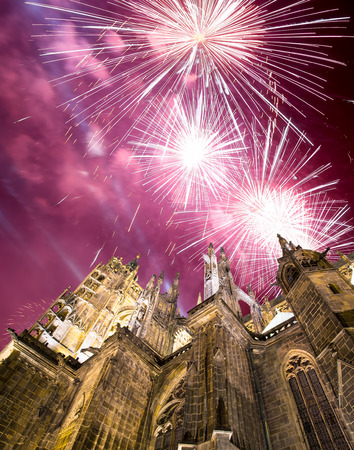 St. Vitus Cathedral (Roman Catholic cathedral ) and holiday fireworks, Prague, Czech Republicの写真素材