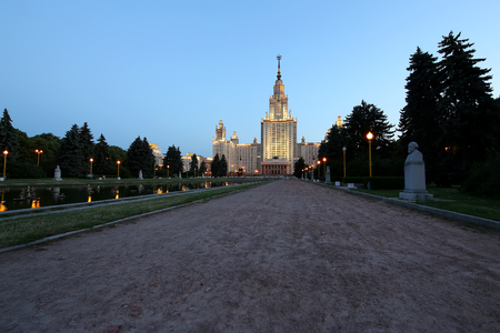 The Main Building Of Moscow State University On Sparrow Hills at Night , Russiaのeditorial素材