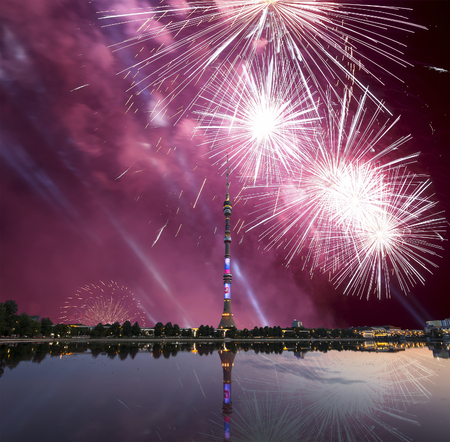 Television (Ostankino) tower at Night and holiday fireworks, Moscow, Russiaのeditorial素材