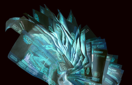 Russian banknotes--Five Thousand Ruble Notes (in UV light protection )の写真素材