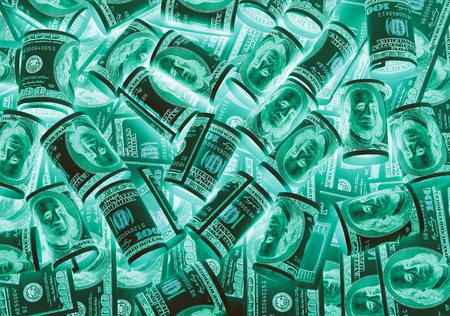 One hundred dollar bills (banknotes )  close up, U.S. currency-- in UV light protectionの写真素材