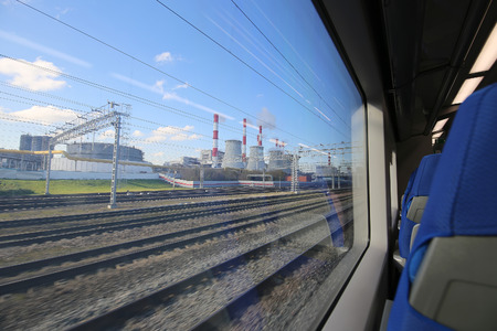 View of Moscow from the window of the Modern high-speed train "Lastochka". Moscow Central Circle - Little Ring, MCC,or MK MZD,  Russia.のeditorial素材