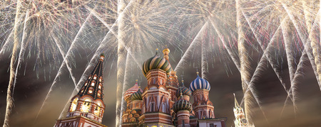 Fireworks over the Cathedral of Intercession of Most Holy Theotokos on the Moat ( Temple of Basil the Blessed), Red Square, Moscow, Russia   の写真素材
